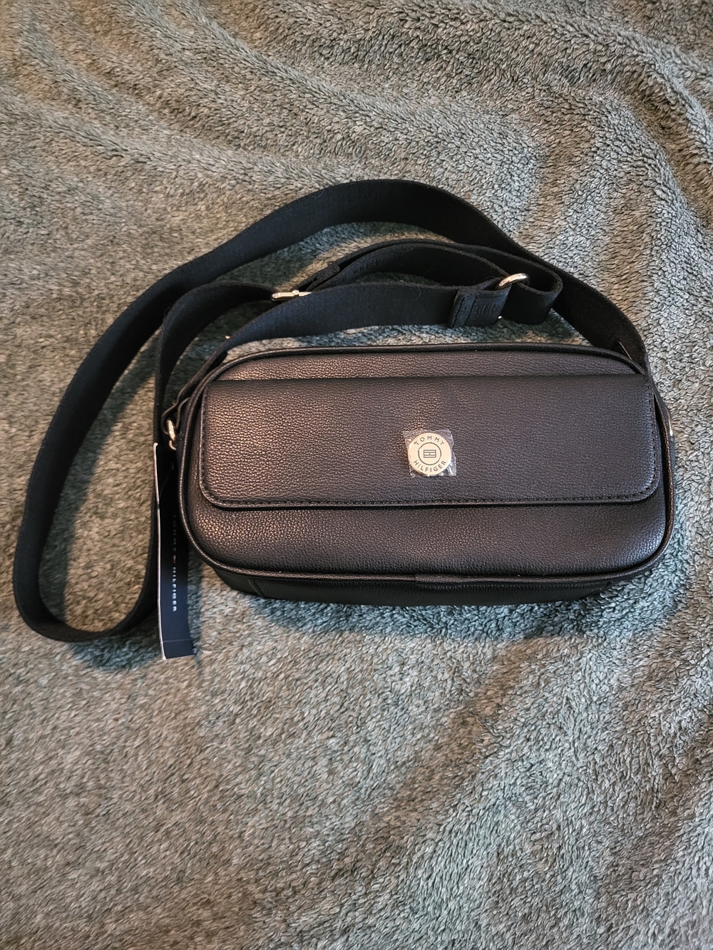 Tommy Hilfiger Black Pebbled Crossbody Bag with Logo Medallion